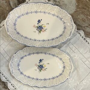 Nikko Ceramics White Porcelain Serving Platters with Blue Floral Motif